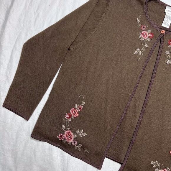 Koret Vintage Floral Embroidered One Piece Cardigan Blouse Brown Women's Large - Picture 4 of 14